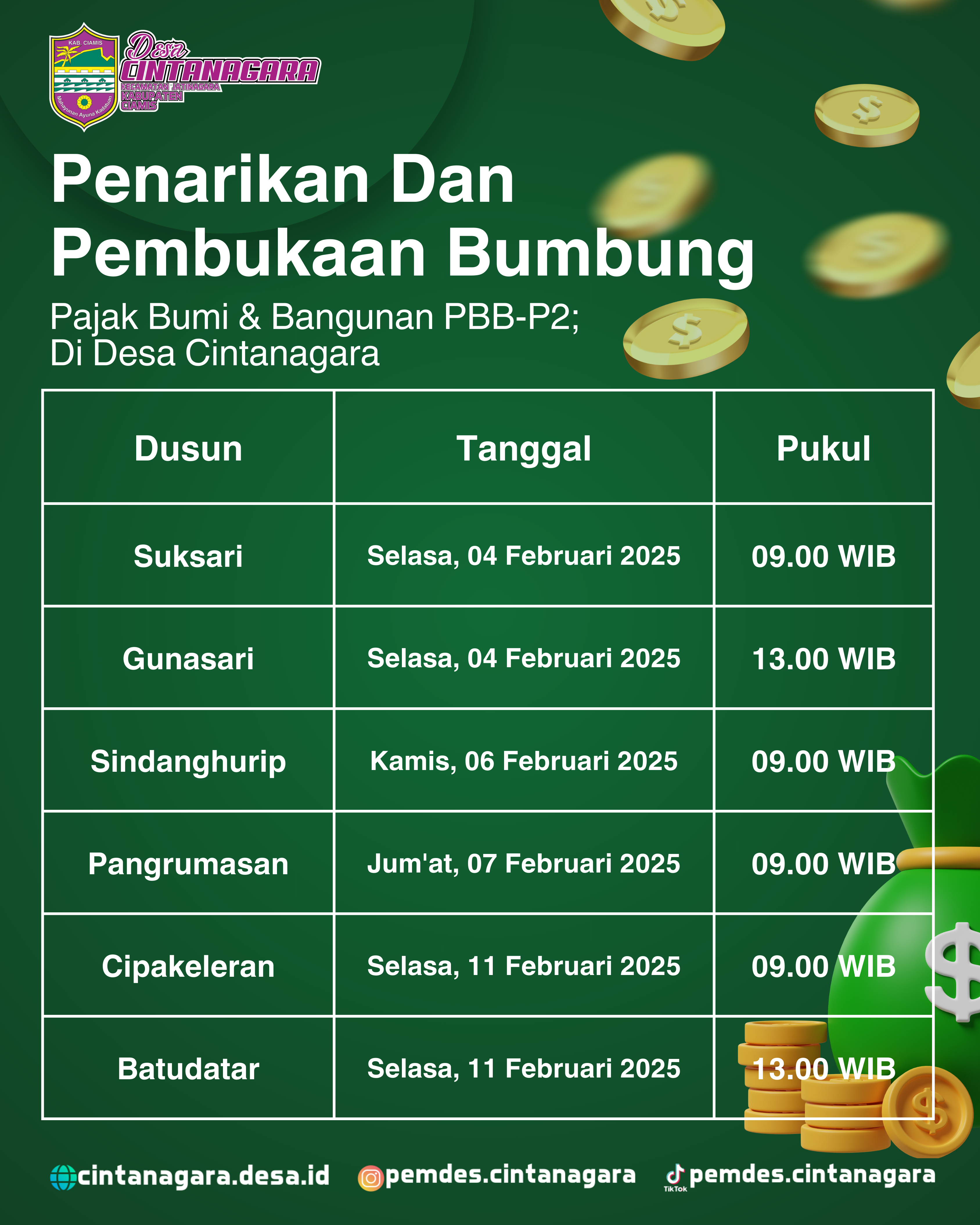 JADWAL PENARIKAN DAN PEMBUKAAN BUMBUNG PBB-P2 DESA CINTANAGARA